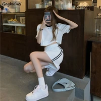 women sets crop top short sleeve t shirt mini a line striped skirt sweat suits college student white loose soft ulzzang females