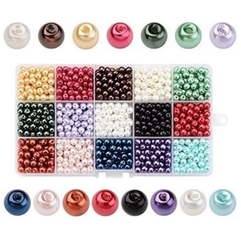 

1050Pcs 15 Color Dyed Round Glass Pearl Beads 6mm for Jewelry Making