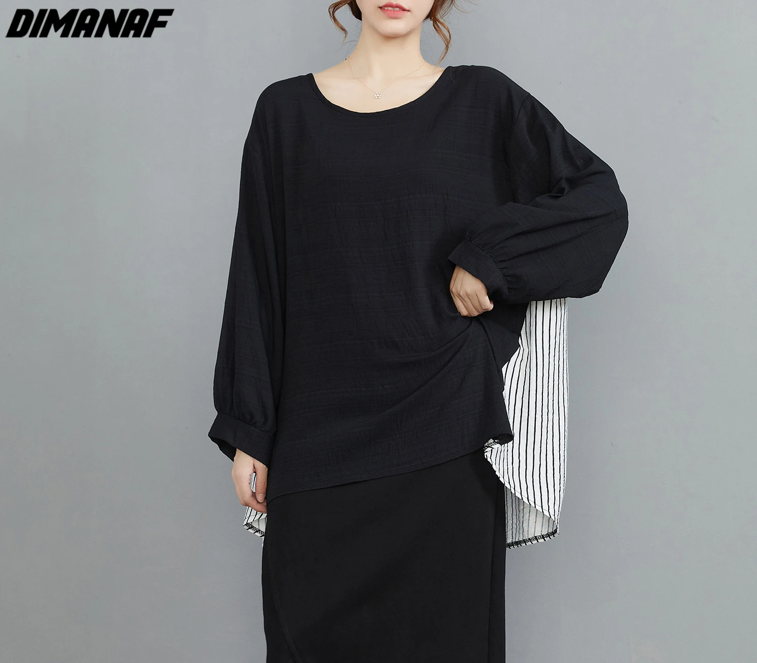 

Женская Повседневная Туника DIMANAF, свободная хлопковая рубашка в полоску черного цвета с длинным рукавом, топ большого размера для осени