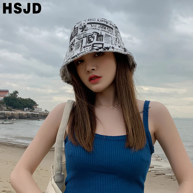 Summer Women Double Sided Sun Hats Retro Newspaper Print Bucket Hat Fold Burrs Wide Brim Floppy Panama Fisherman Caps Hip Hop