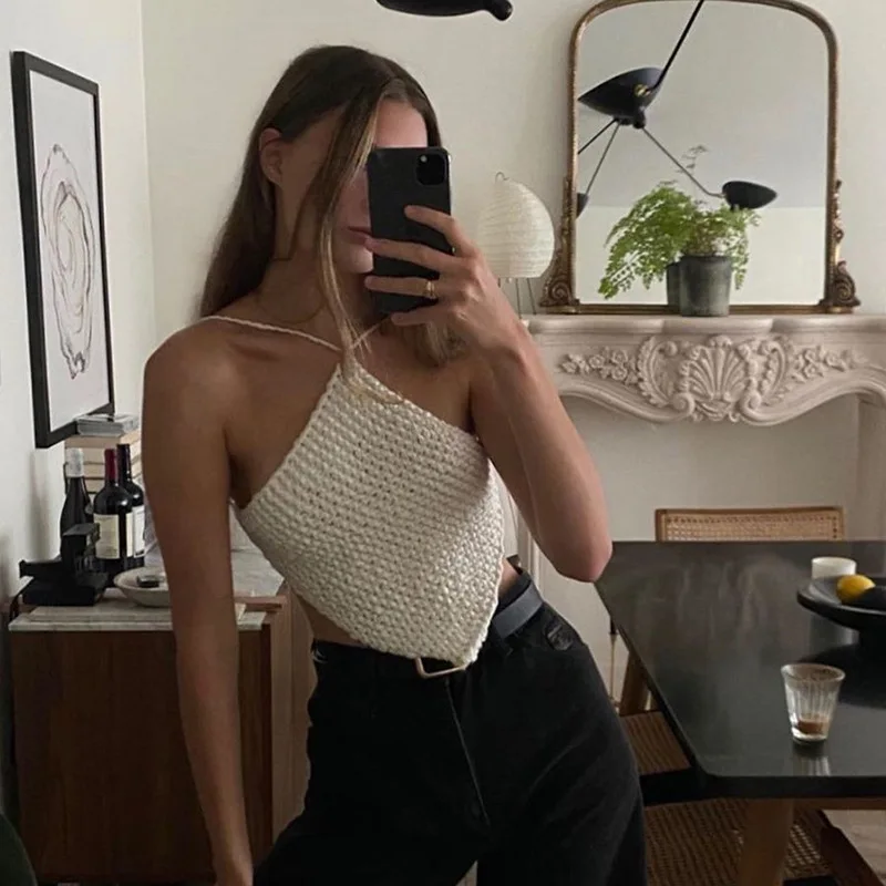 

women's Tank Tops pure color Winter open shoulder hanging neck strap sexy open back slim fit versatile bottomed vest