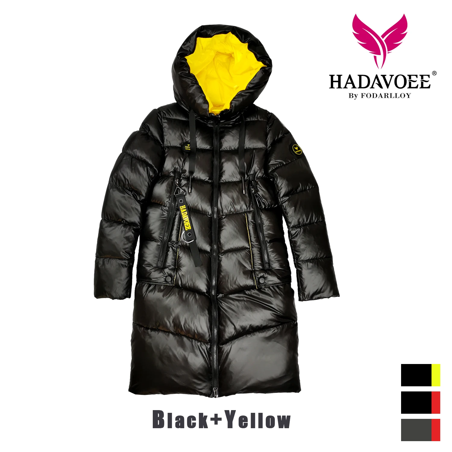 Black yellow Новинка, зимнее женское плотное пальто, женская зимняя куртка, высокое качество, модное длинное теплое пальто с капюшоном, защищающее от ветра и холода - Цвет: Black yellow