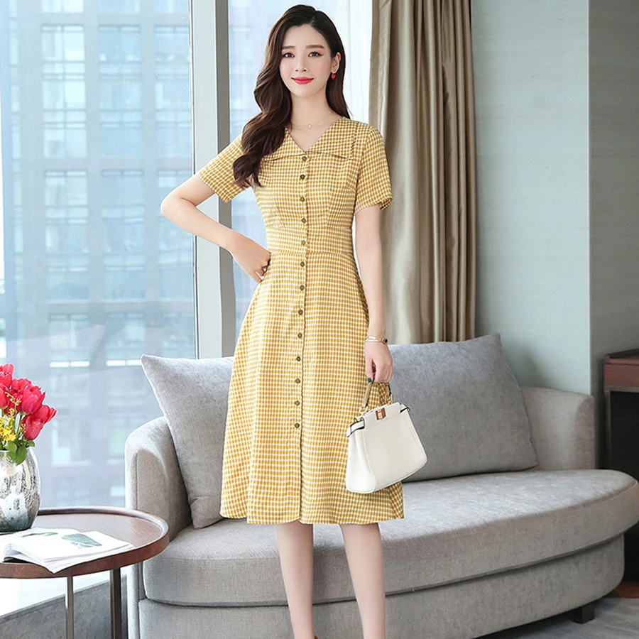 2021 Новый размера плюс шик желтые миди платья летнее платье в Корейском стиле