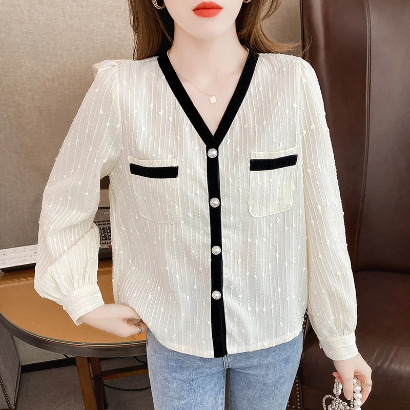 ITOOLIN Fashion Stripe Blouse Women V-Neck Jacquard long sleeve tops shirt Streetwear Elegant office ladies blouse 2022 | Женская одежда