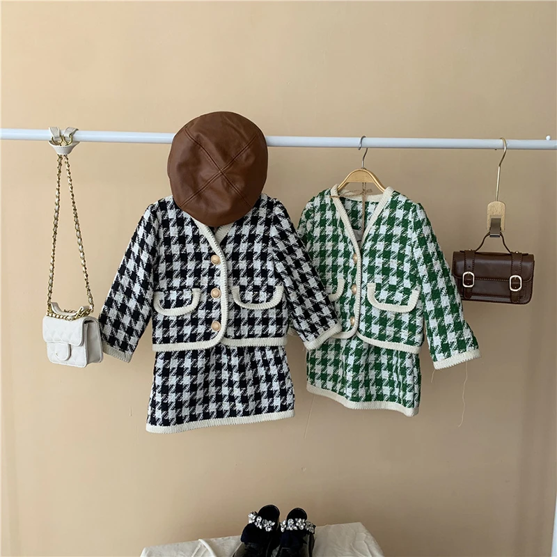 

Girls Houndstooth Clothes Suit Autumn Winter Kids Long Sleeve V-neck Jacket With Hip Skirt 2 Piece Children Outfits 2-7 Years