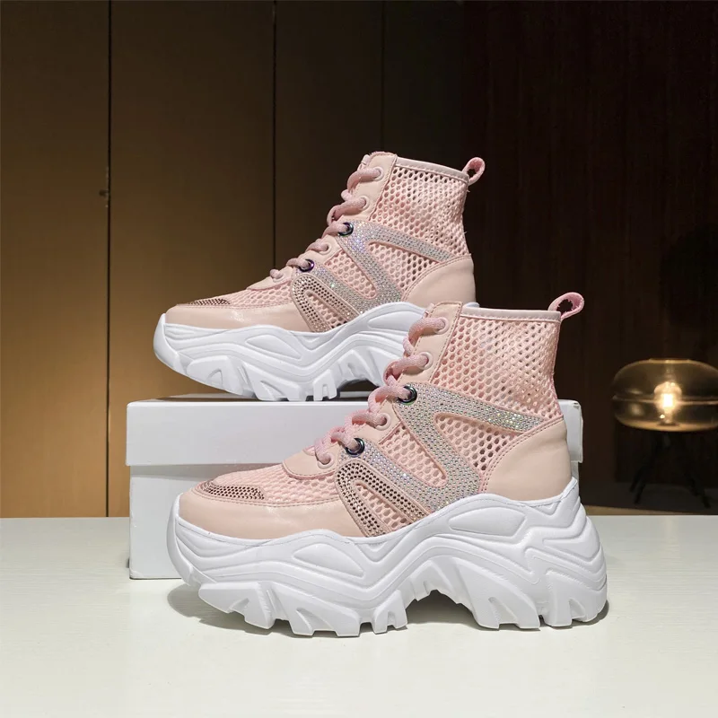 

Martens Boots Women's Breathable Thin 2021 Summer New Mesh Authentic Leather Rhinestones Mesh Platform Hollow-out Sandal Boots