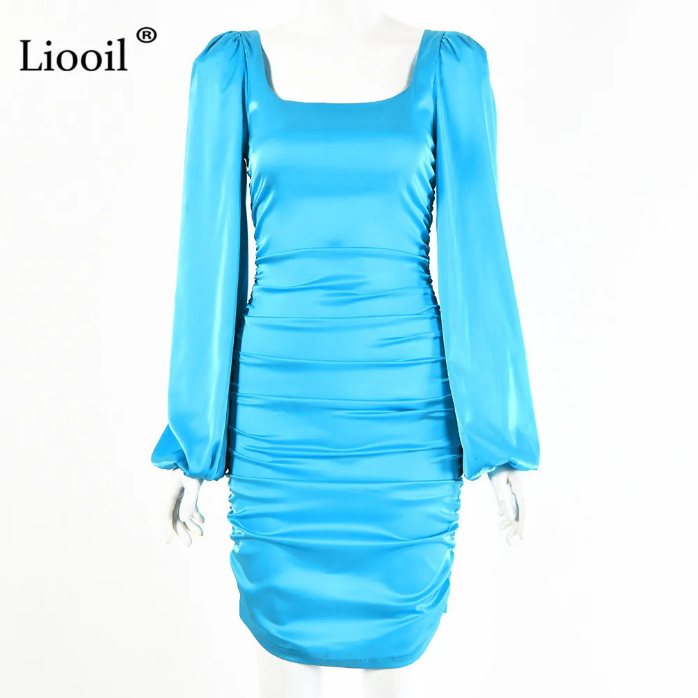 

Liooil Sexy Satin Ruched Bodycon Mini Dress Women Rave Clothes 2021 Lantern Sleeve Square Collar Night Club Party Tight Dresses