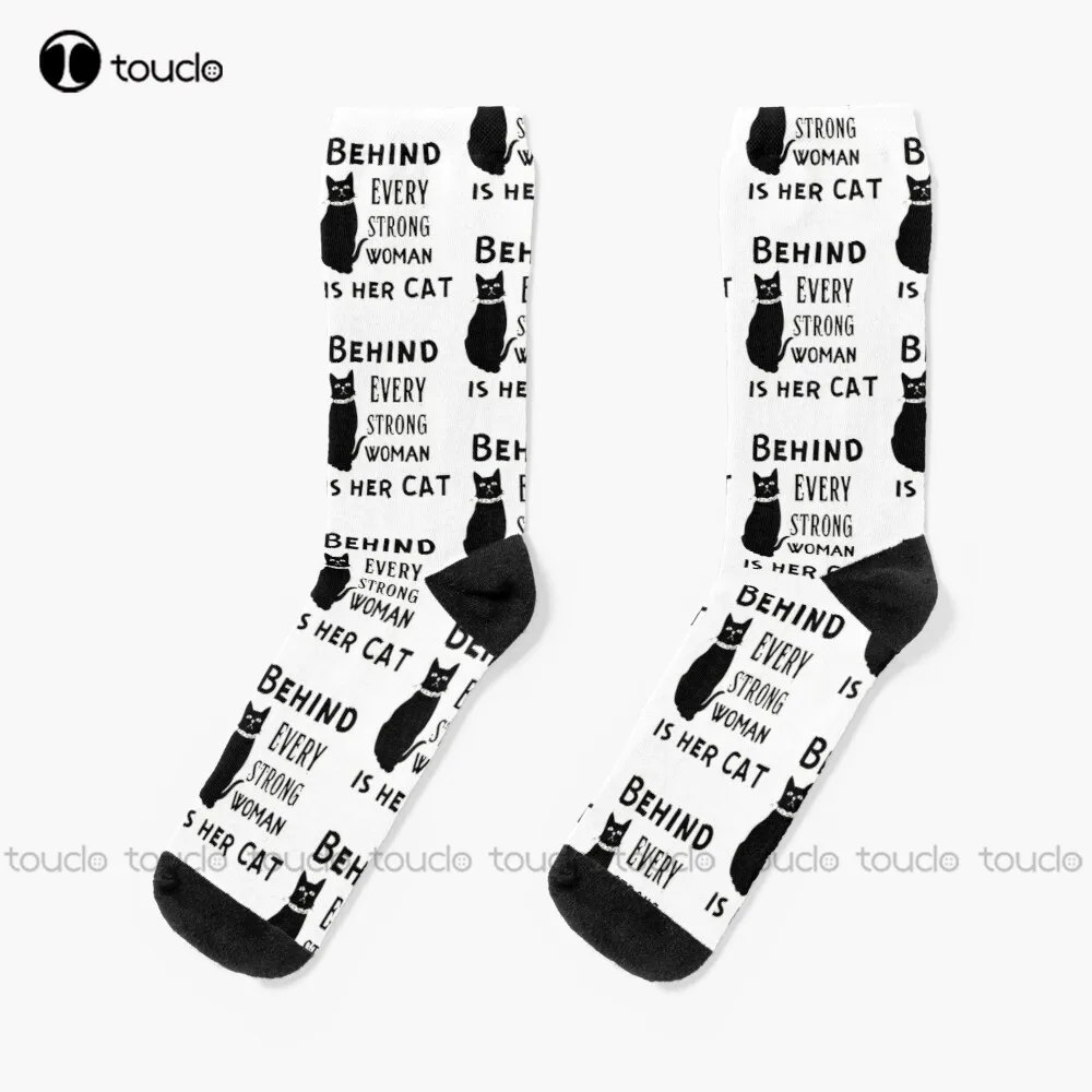 

Behind Every Strong Woman Is Her Cat Socks Cow Socks Unisex Adult Teen Youth Socks Custom Gift 360° Digital Print Fashion New