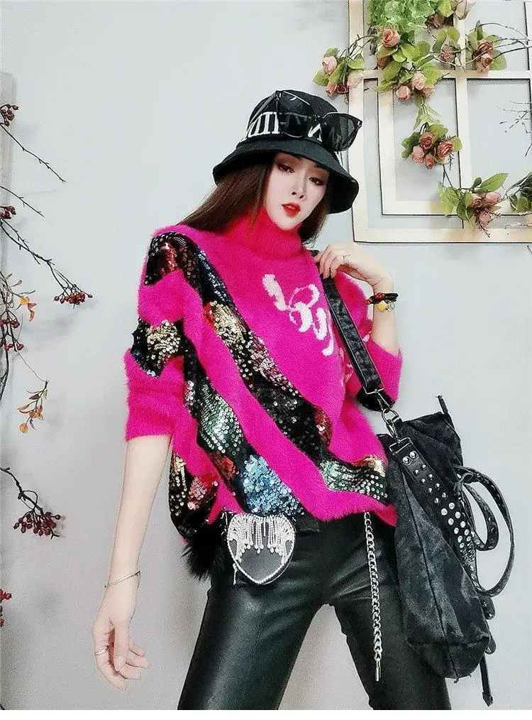 

DUOFAN Fashion Classic Turtleneck Sweater Sequined Shinning Women Oversized Pull 2021 Long Sleeves Pullover Autumn Spring Winter