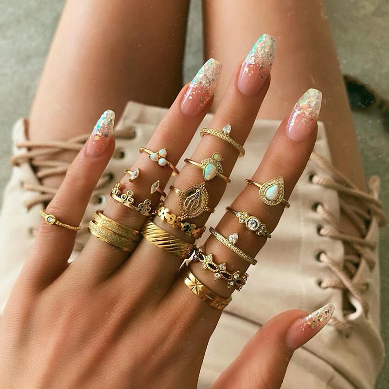 15 Pcs/Set Lady Rings Gold Virgin Mary Flower Crown Crystal Pearl Geometry Finger Ring Set Fashion Party Jewelry Accessories | Украшения и
