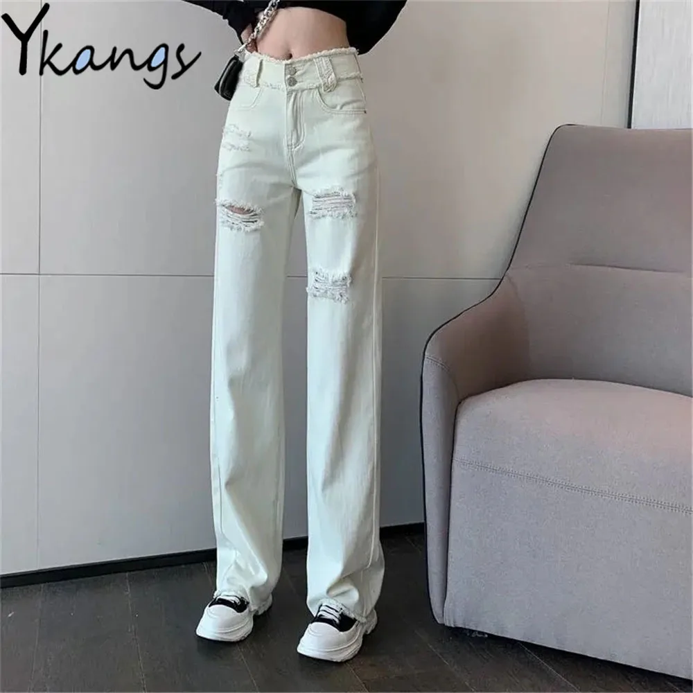 

Асимметричные рваные белые джинсы с завышенной талией на пуговицах с бахромой уличная одежда хиппи Модные свободные широкие джинсовые брю...