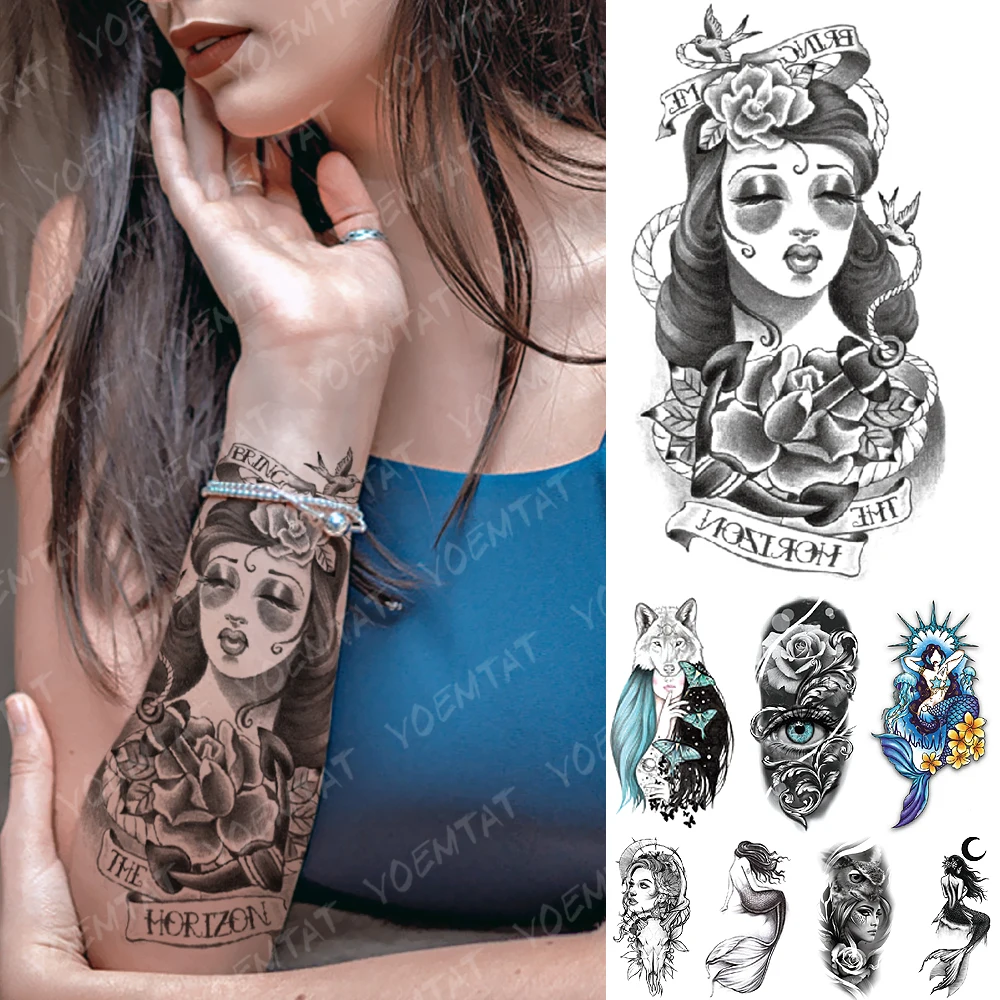 

Waterproof Temporary Tattoo Sticker Old School Butterfly Wolf Flash Tattoos Anchor Mermaid Body Art Arm Fake Tatoo Women Men