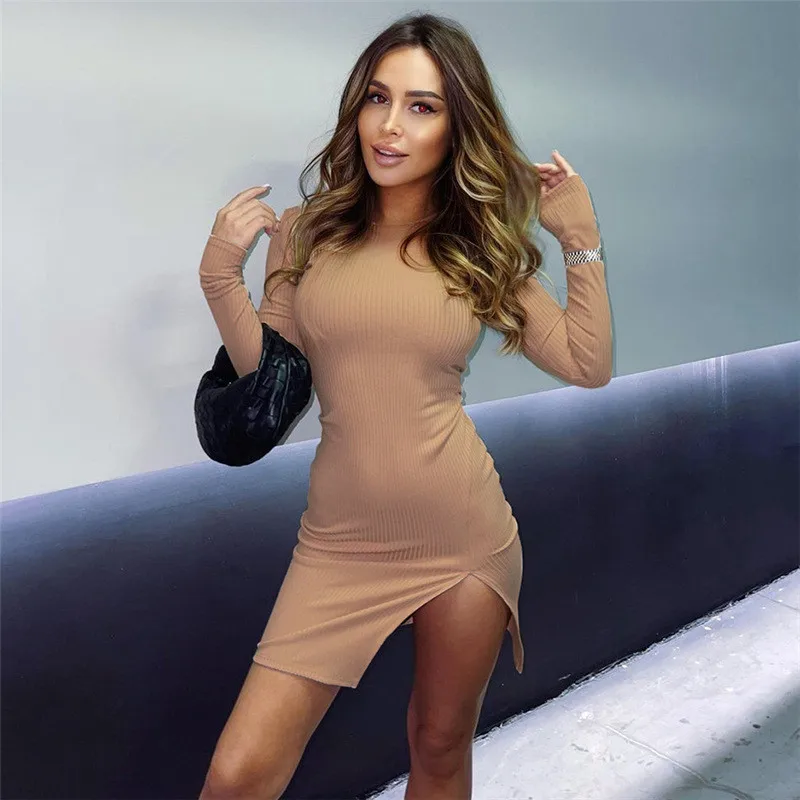 

Autumn Casual Dress Women Sexy O-neck Long Sleeve Solid Slim Knitting Dresses Women Mini Dress Fashion Streetwear Female Vestido
