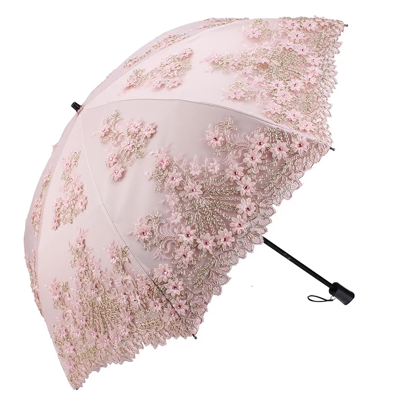 

High-End Double Sunscreen Umbrella UV Protection Lace Flower Embroidery Umbrella Rain Women Mini Folding Dual-Use Sun Umbrella