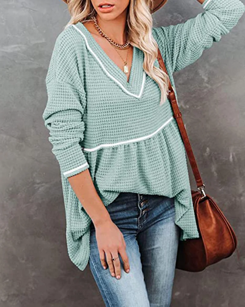 

Women Sweater Fashion V Neck Long Sleeved Tunic Sweater With Pleating Loose Soft Pullover Autumn Winter All Match Ladies Sweater