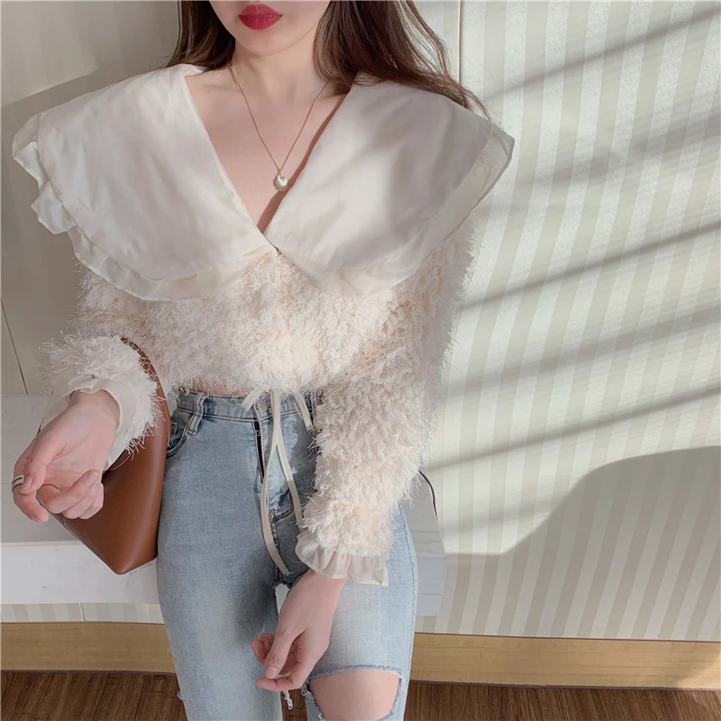 

2021 New Autumn and Winter Sweet Lapel Short Bottoming Shirt Female Fashion Temperament Shirt with Top C080
