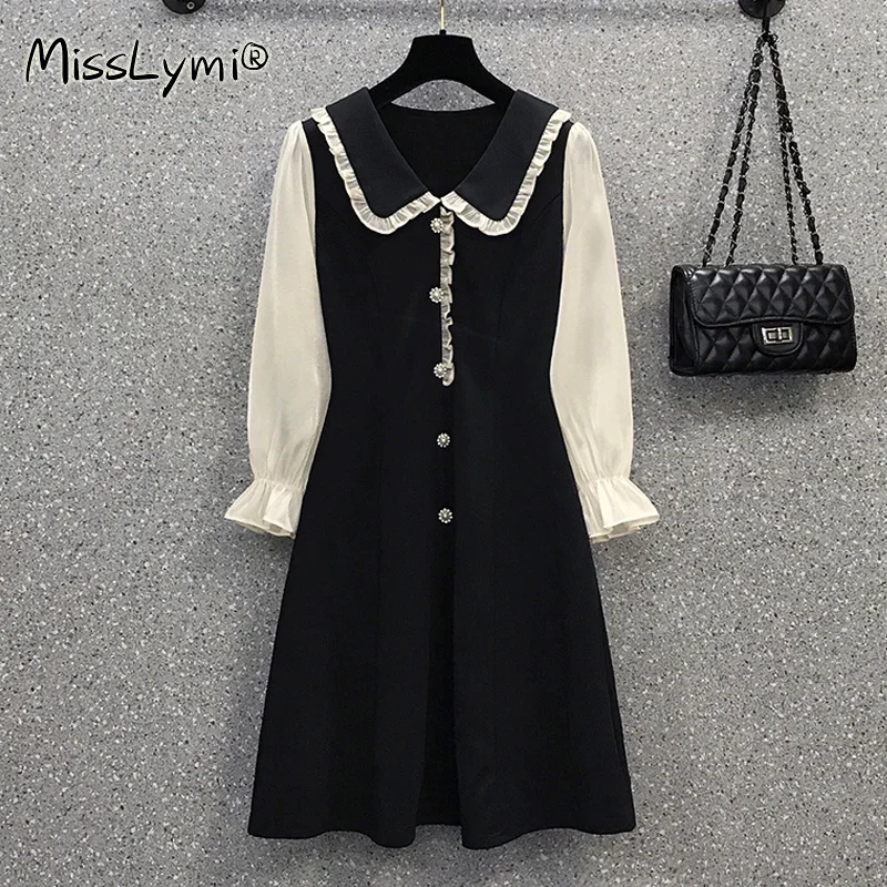 

4XL размера плюс для женщин в Корейском стиле элегантные платья для женщин сезон: весна-лето 2021, на шнуровке, с воротником в стиле «Питер Пэн» ...