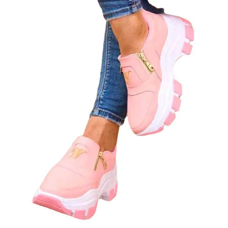 

2021 Women's Fashion Casual Shoes Comfortable Breathable Wedges Platform High Heels Zipper Slip-On Lady Sneaker Running Shoes