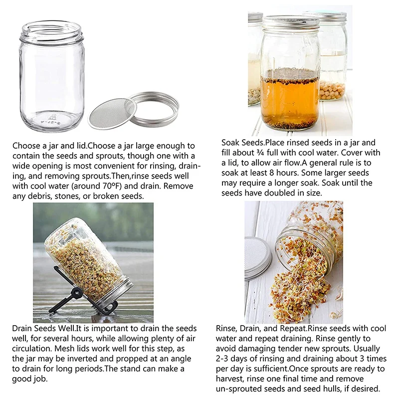 

6 PC Sprouting Jar Lid with 3PC Stainless Steel Sprouting Stands for Wide Mouth Mason Jars Canning Jars to Make Sprout