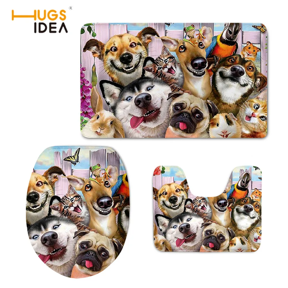 

HUGSIDEA Kawaii Animal Dog and Cat 3D Print Bathroom Accessories Soft Comfortable 3 Piecet Toilet Cover Easy to Clean Carpet