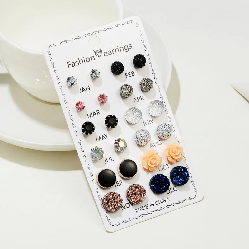 

12 Pairs Stud Earrings Kit for Women Men Flower Heart Star Moon Geometric Leaf Arrow Bow CZ Ball Faux Pearl Earrings Set
