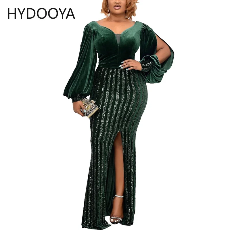 Plus Size Dress for New Year 2022 Women Clothing Green Lantern Sleeve High Split Sequin Party Maxi Dress Dropshipping Wholesale
