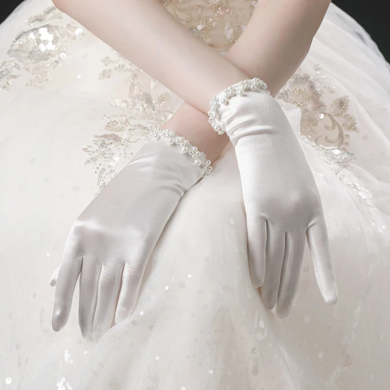 Elegant Women Wedding Bridal Short Gloves Full Finger Pearls  Wrist Length Costume Prom Party Gloves
