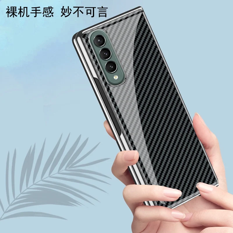 Luxury Tempered Glass Case For Samsung Galaxy Z Fold4 Fold 3 2 Metal Plated Frame Carbon Fiber Texture Cover