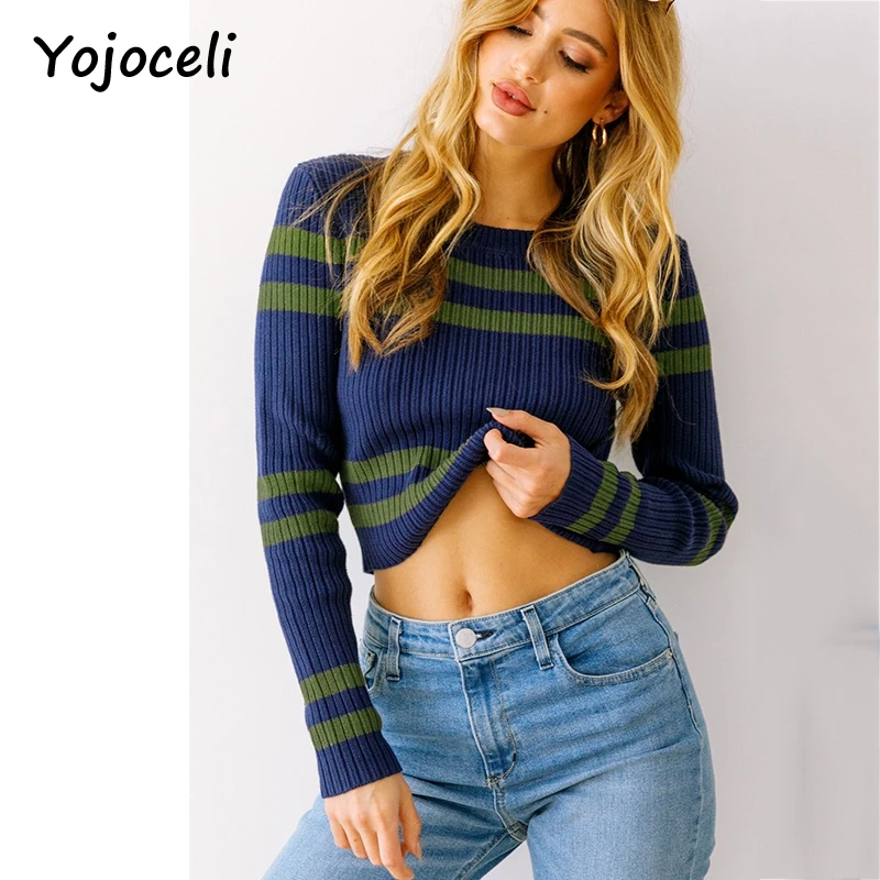 Повседневный полосатый свитер Yojoceli вязаные пуловеры женский короткий пуловер с