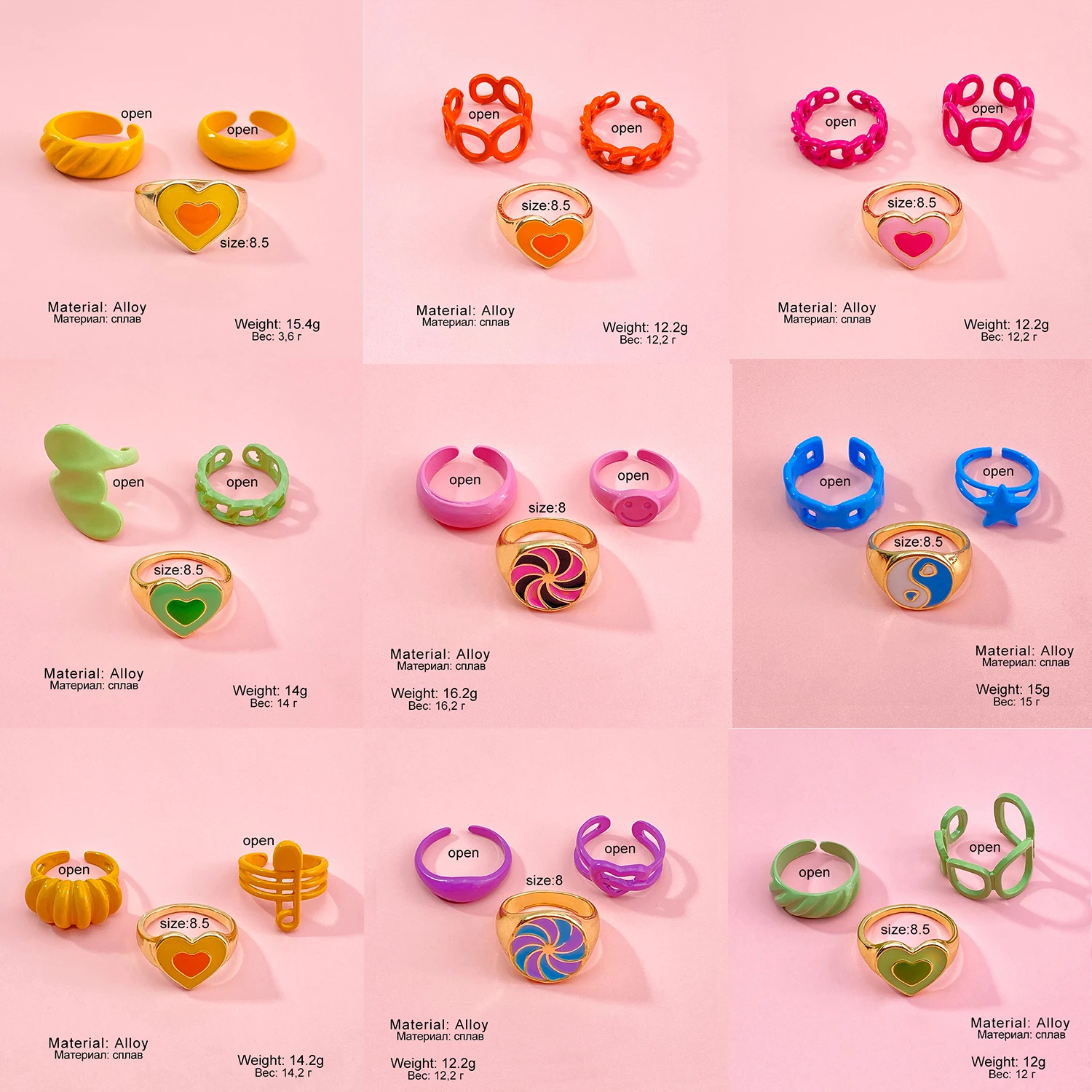 Женский комплект колец в форме сердца FAMSHIN Винтажное кольцо розового и зеленого