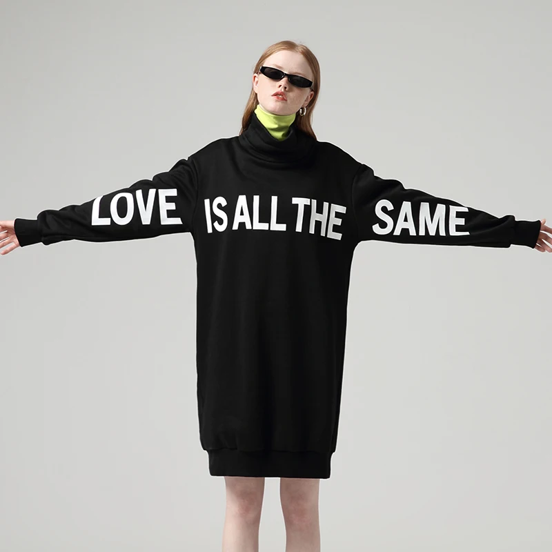 Toyouth Зимние флисовые толстовки платья для женщин с буквенным принтом Водолазка