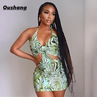 tie dye printed women halter mini dress hollow out lace up bodycon sexy streetwear party club outfits sheath elegant summer new