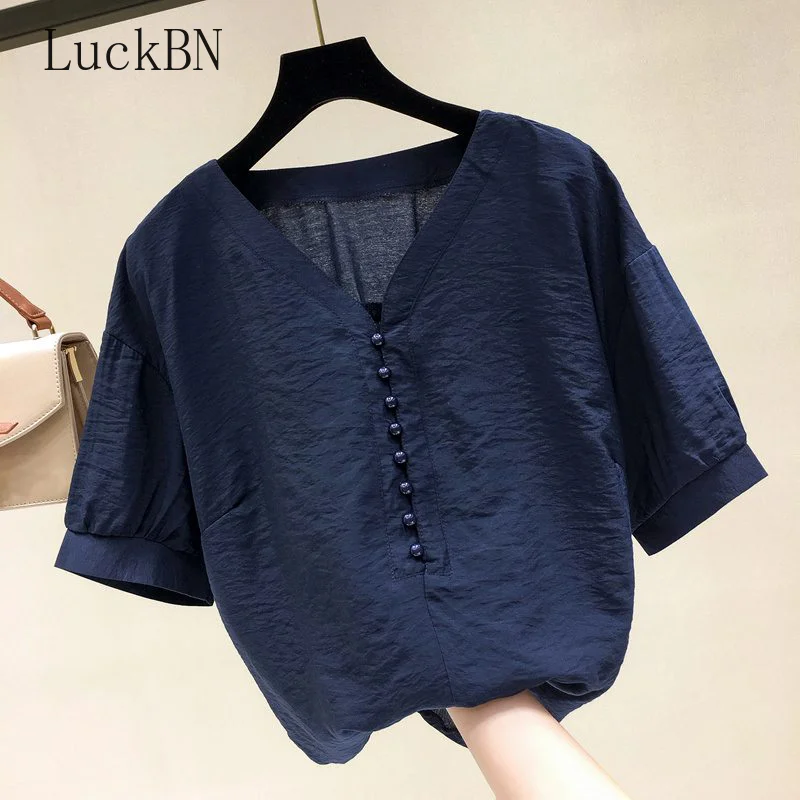 

Korean Short Sleeve Chiffon Blouse Tops Slim Chiffon Shirts Women Summer Plus Size Loose Blouses Shirt Female Solid Top 2021