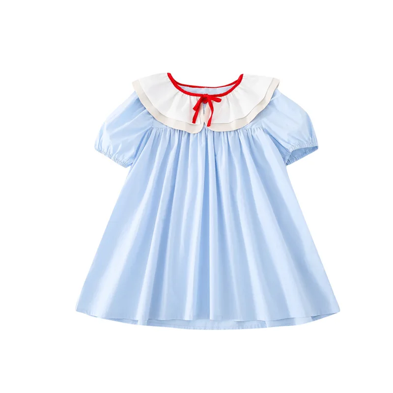 

Girls Dress 2021 Summer Flared Sleeves Doll Collar Princess Party Blue Cotton One Piece Dresses Children Kids Clothing 3-7Years