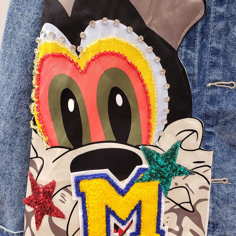 

New Style Plaid Cartoon Pattern Patchwork Chic Jacket Women Casual Fashion Streetwear Sequins Denim Jacket Coat Women SL426