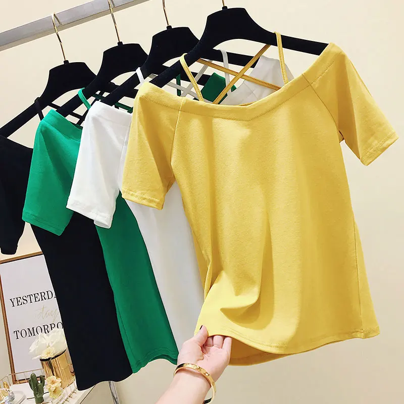 

2020 Summer Fashion Solid Short Sleeve Cotton Women T Shirt Casual V Neck T-Shirt Cotton Tee T Shirt Vetement Femme