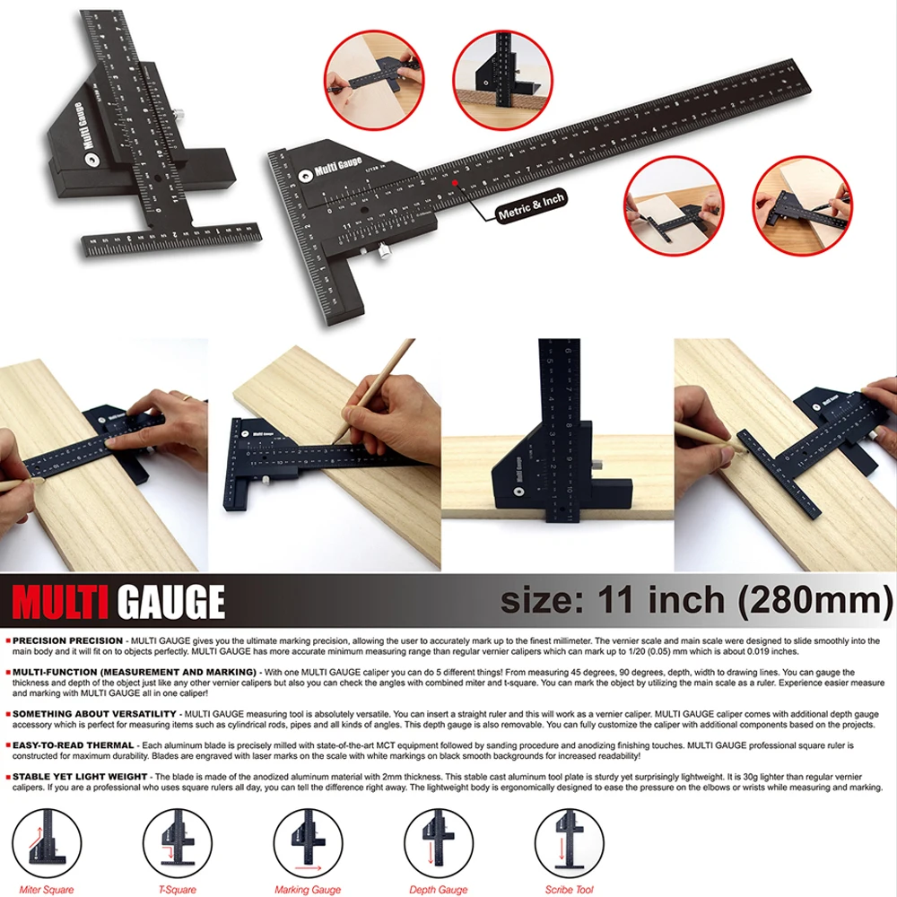 

Woodworking Multifunctional Ruler Aluminum Alloy T-shaped Rulers Woodworking Scriber DIY Tools Mark Scraper Wood Tools