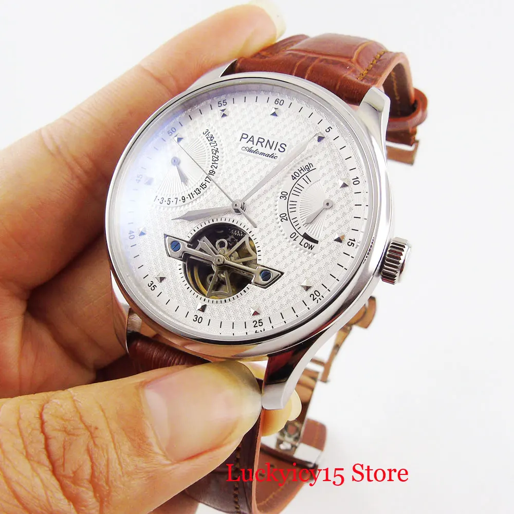 PARNIS 43mm Automatic Men Watch White Dial Date Function Deployment Clasp ST2505 Movement Power Reserve Indicator Leather Strap | Наручные