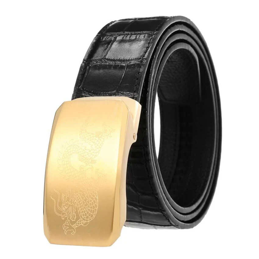 

Ремень мужской из коровьей кожи, дизайнерский пояс с автоматической пряжкой из нержавеющей стали с изображением дракона, под крокодиловую ...