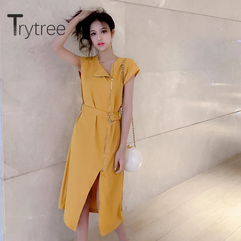 

Женское платье с V-образным вырезом Trytree, однотонное асимметричное платье, 2 цвета, с поясом, ТРАПЕЦИЕВИДНОЕ, на молнии, с разрезом, лето 2020