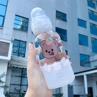 cute bear glass water bottle creative fashion pattern personality straw cup student portable water cup milk mug coffee cups