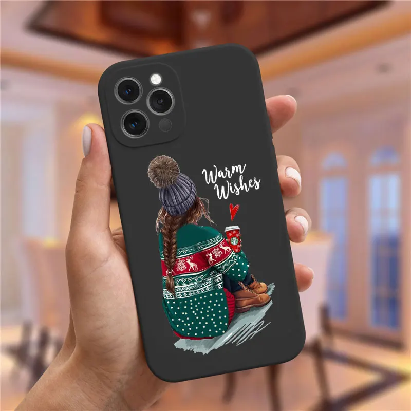 Christmas girl black Soft Phone Case For iPhone 14 Pro Max 13 11 12 Pro Max XS Max XR 8 7 Plus Christmas and New Year gift Cover
