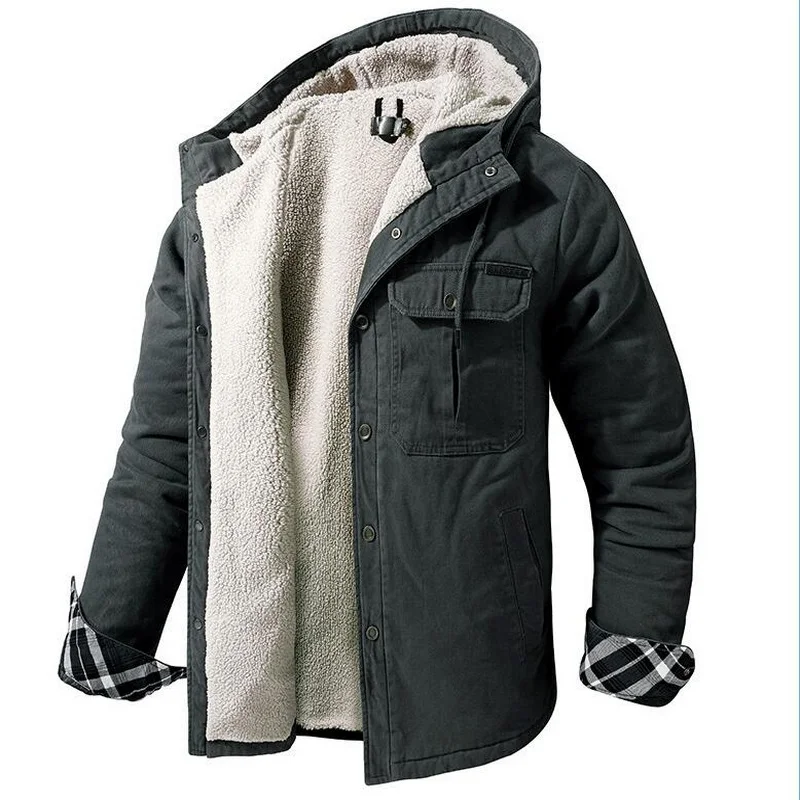 US Size Men's Cotton Jacket Winter Thick Parkas Male Velvet Casual Hooded Bomber Coat Men Warm Overcoat Lamb Velvet Outwear