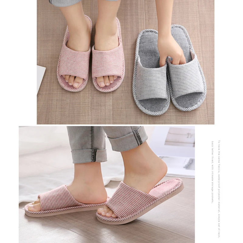 

2019 Spring Summer Home Slippers Men Women Couple Korean Striped Linen Slippers Indoor Anti-ski Thick Bottom Slippers Dropship