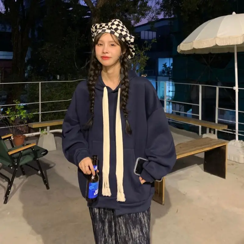 Plush Thick Thick Hooded Sweater Autumn and Winter New Leisure Long-sleeved Solid Color Loose Drawstring Sweater