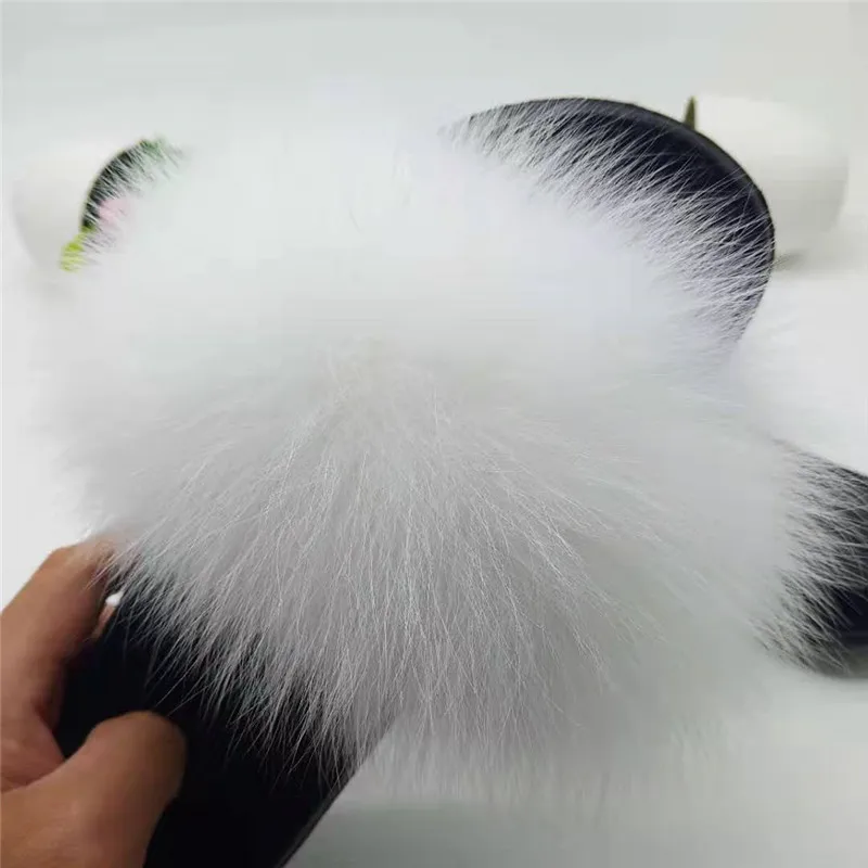 Fur Slippers Women Fox Home Fluffy Sliders Comfort With Feathers Furry Summer Flats Sweet Ladies Shoes Size 45 Home Real fox fur - Цвет: White