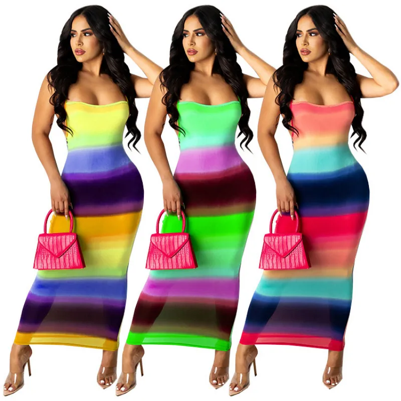 

2021 Summer New Style Halter Neck Wrapped Chest Print Contrasting Color Sleeveless Fashion Sexy Dress