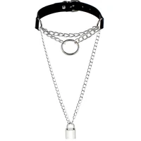 multilayer gothic lock chain necklace round on neck punk choker collar padlock pendant necklaces women black pu leather jewelry