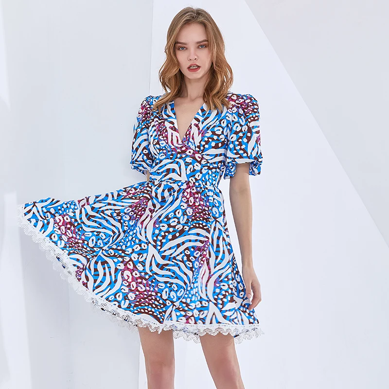 

Print Spring Dresses For Women V Neck Puff Sleeve High Waist Female Hit Color Dress Fashion New Clothing Tide