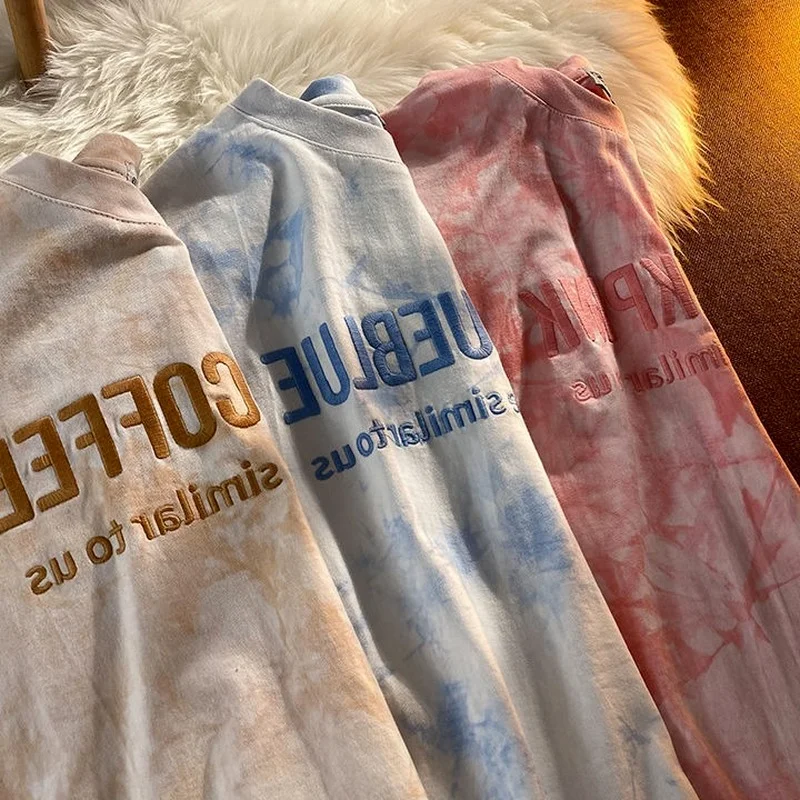 

2021 NewShort Sleeve T-shirts Women Letter Embroidery Tie Dye Plus Size Hip Hop Loose Korean Style All-match Students Simple